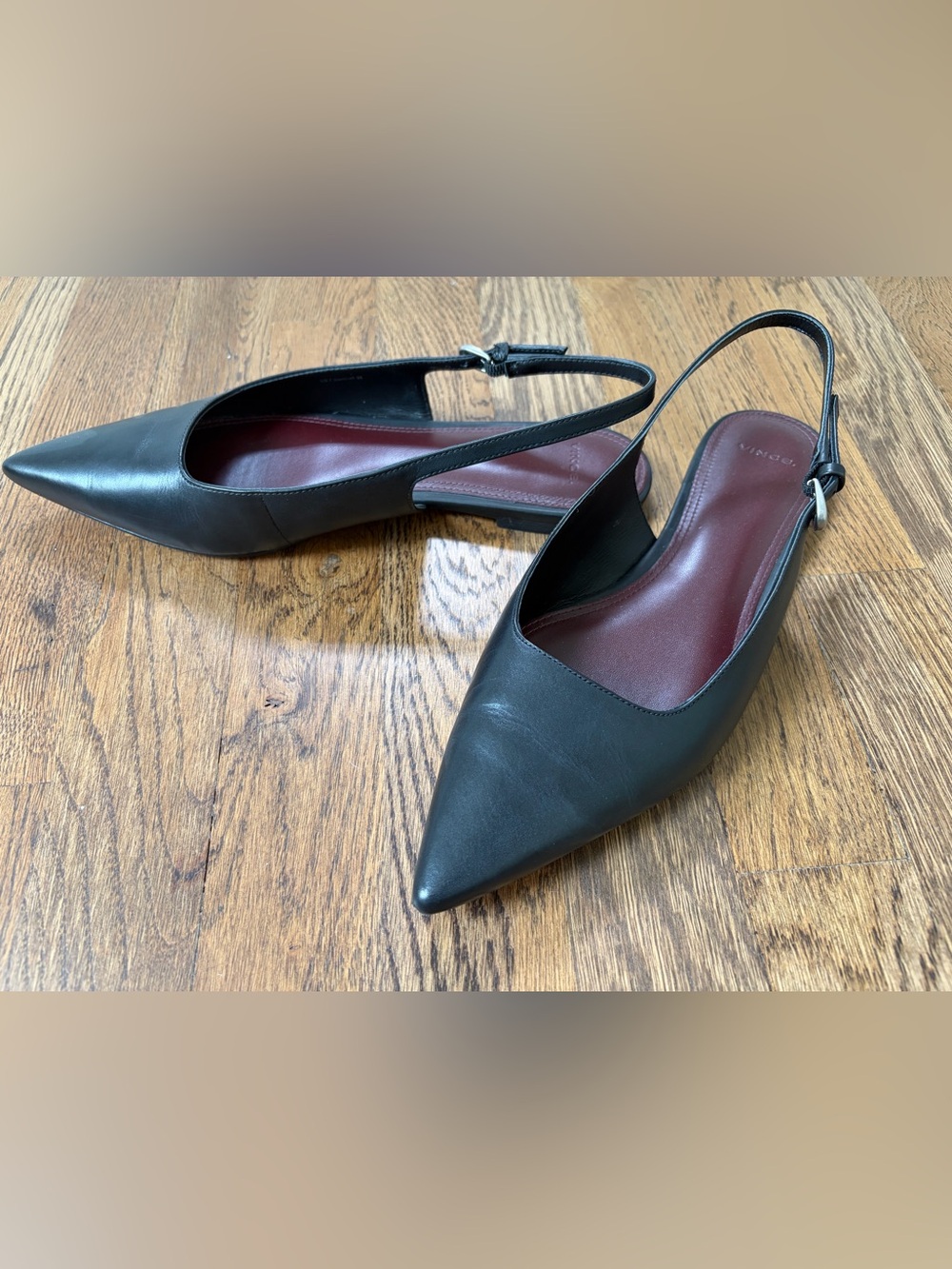 Vince Black Leather Pointed Slingback Mules with Burgundy Insole - Picture 2 of 4
